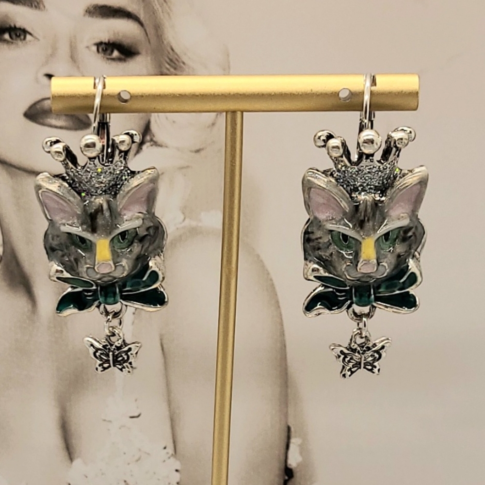 Vintage Estate Collectible Signed Kirks Folly Princess Kitty Silver Earrings - Picture 10 of 11